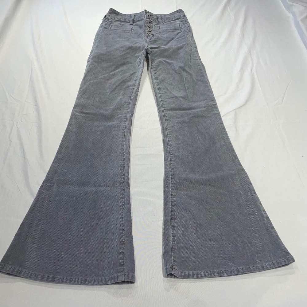 American Eagle Super Hi-Rise‎ Flare Corduroy Pants Grey Button Fly Size 00 Reg